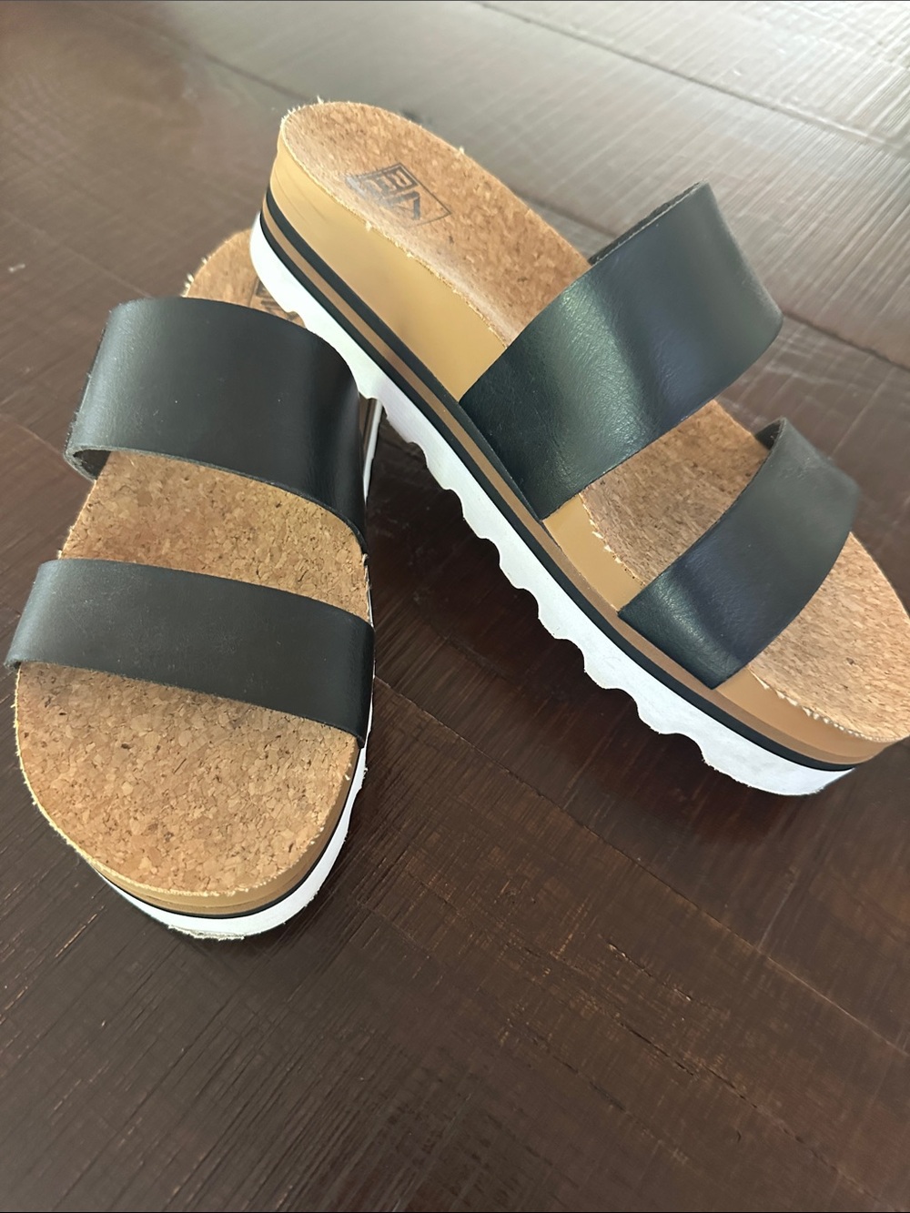 Reef Women’s Black Double-Strap Platform Sandals with White Sole